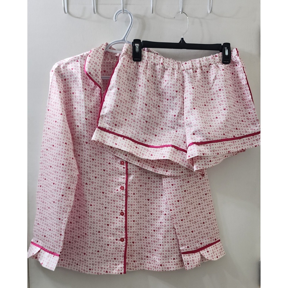 Adore Me Women Pink Heart Polka Dot Satin Pajama Set Long Sleeve Top & Shorts